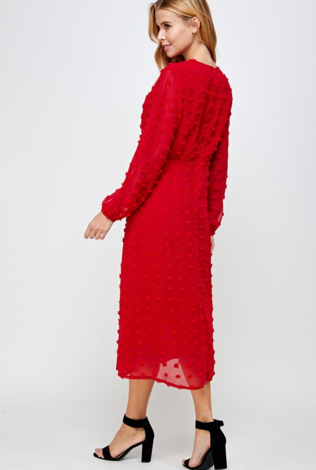 Jeri Embossed Bishop Sleeve Dress in Red