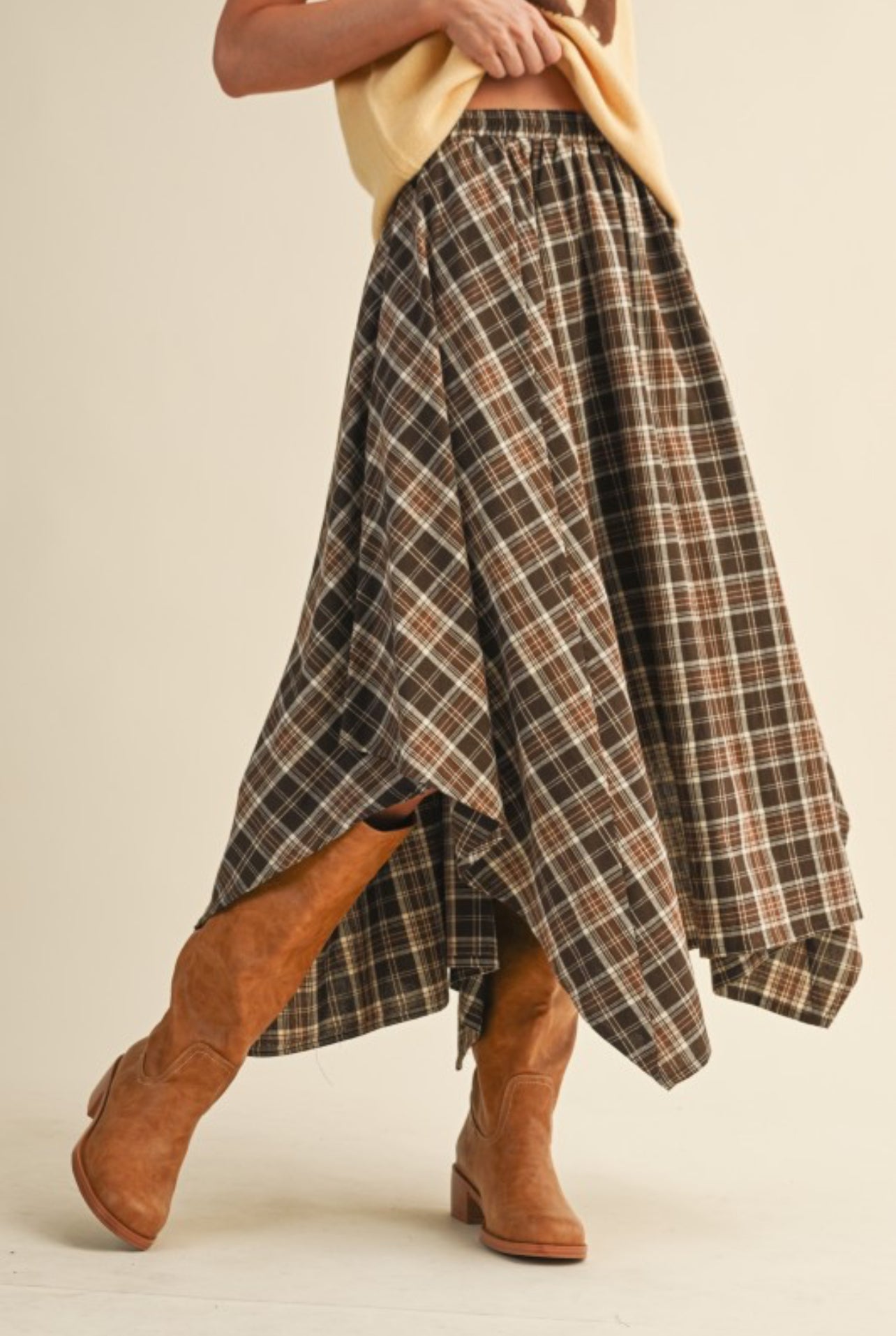The Hena Plaid Midi Skirt in Chocolate Brown