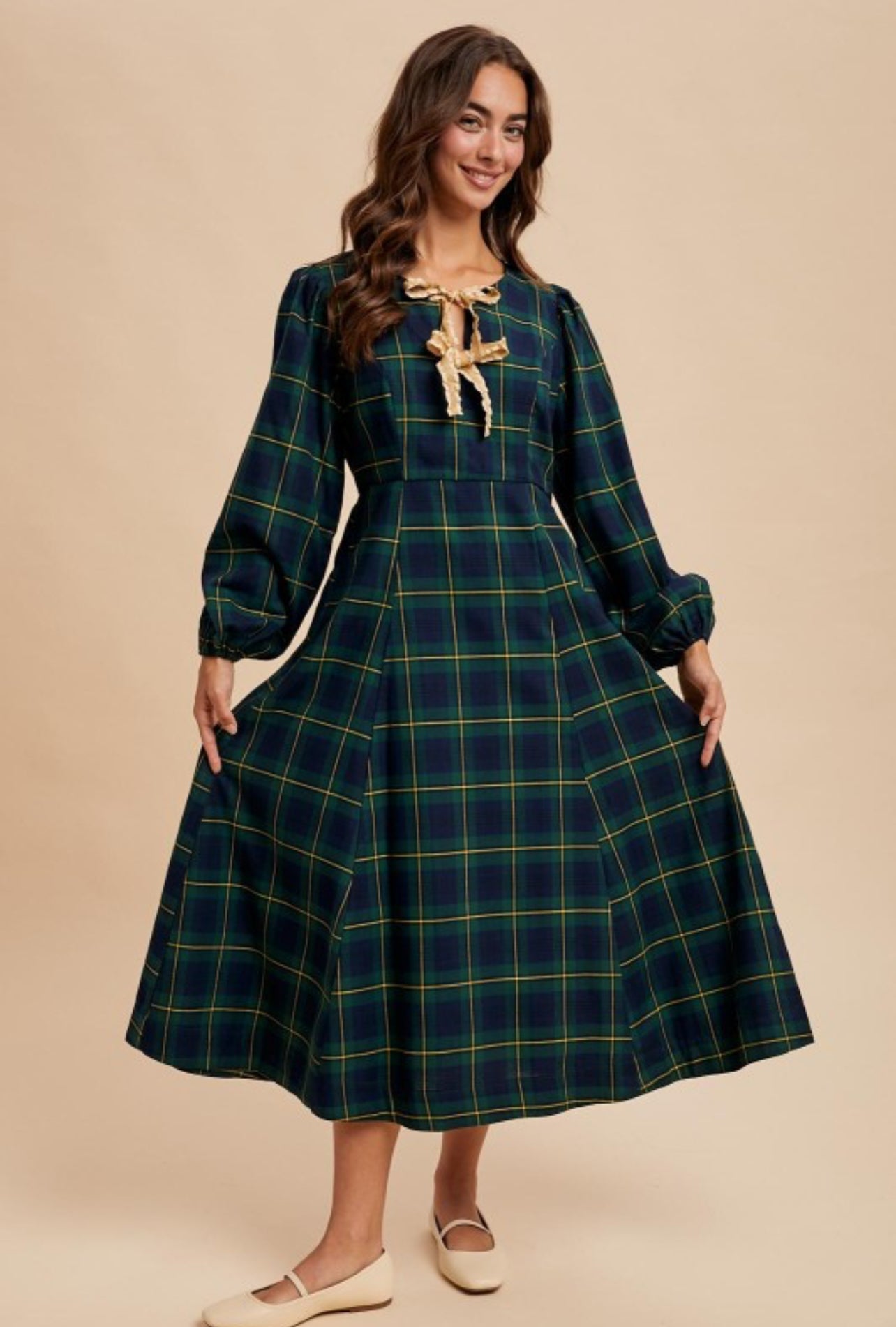 The Christy Plaid Dress with Bow Detail in Evergreen