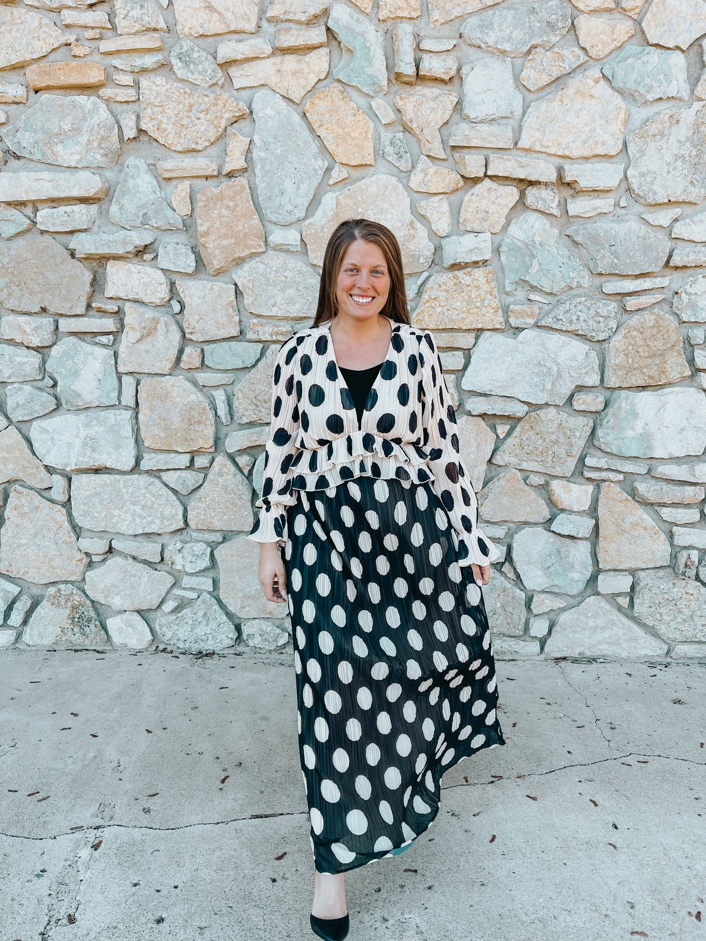 Polka Dot Ruffled Long Sleeve Pleated Maxi Dress