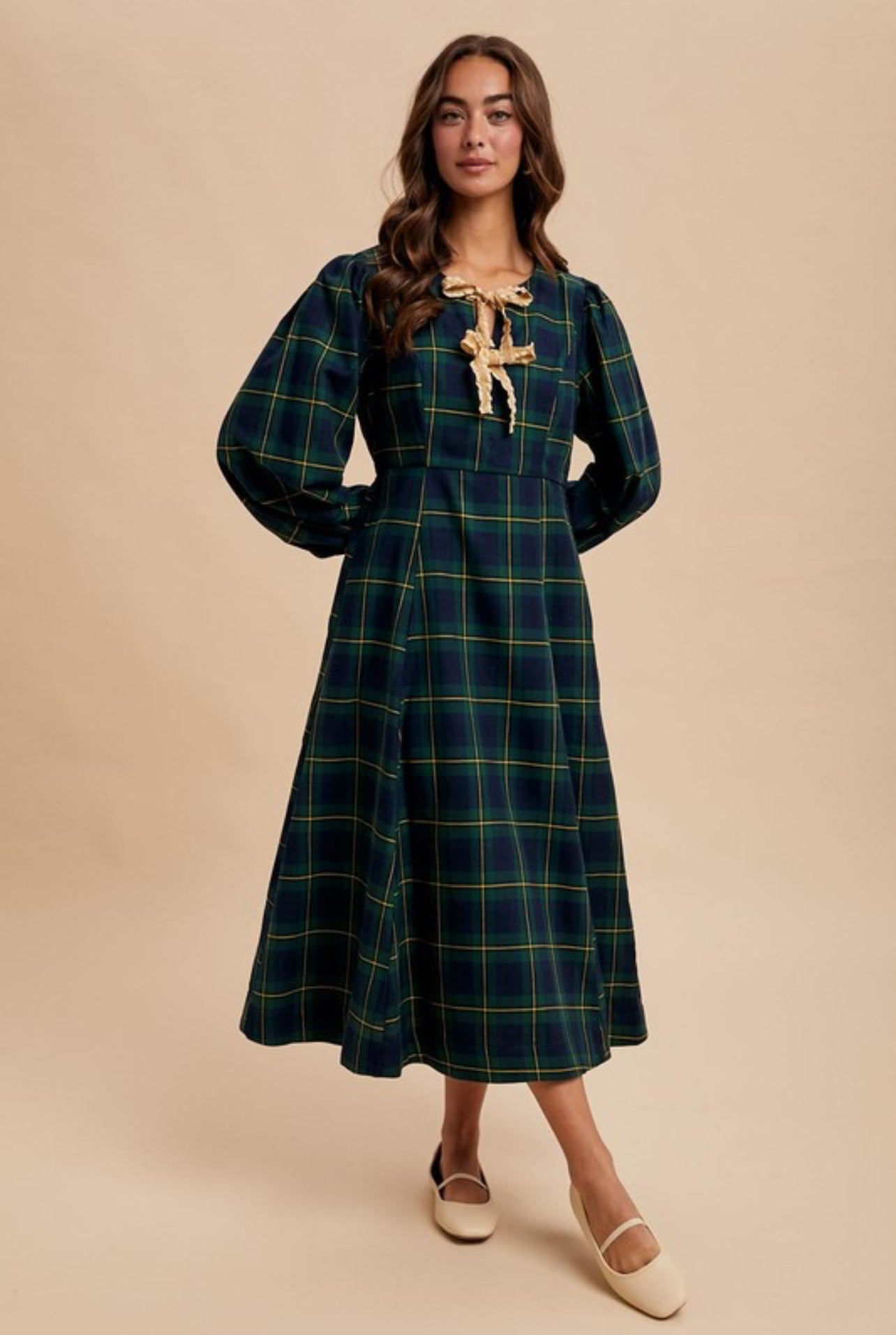 The Christy Plaid Dress with Bow Detail in Evergreen
