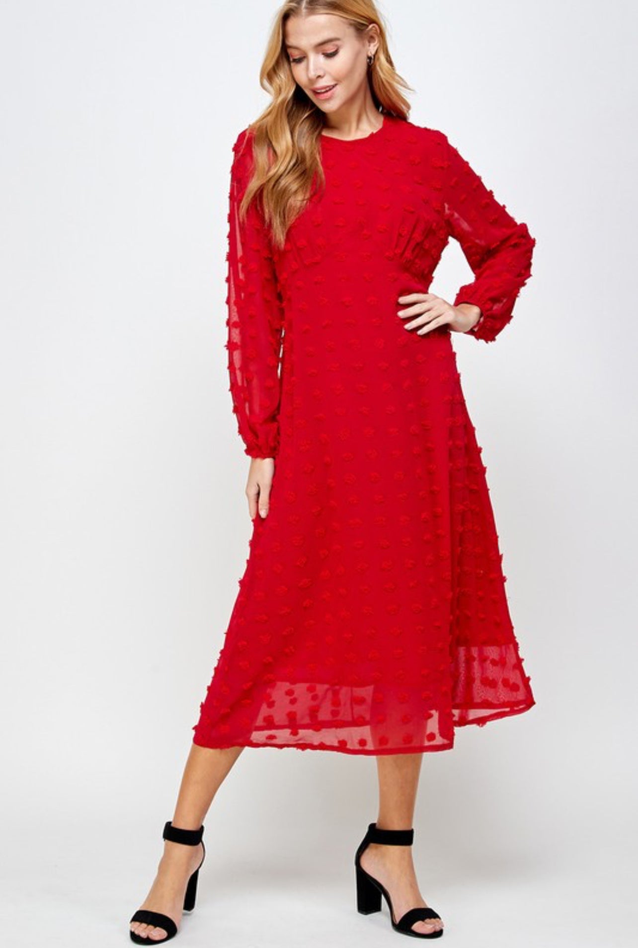 Jeri Embossed Bishop Sleeve Dress in Red