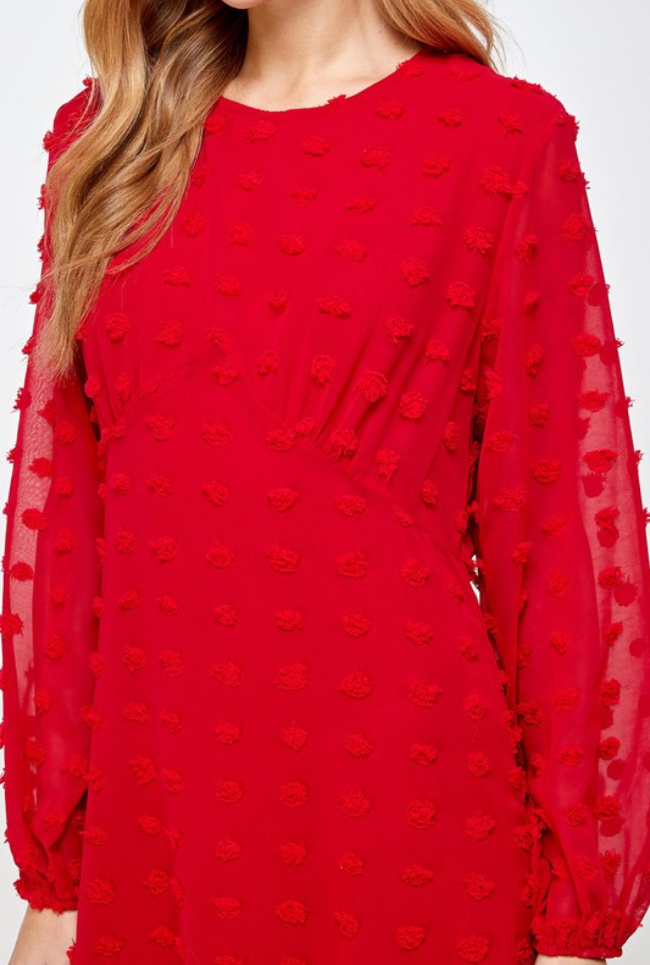 Jeri Embossed Bishop Sleeve Dress in Red