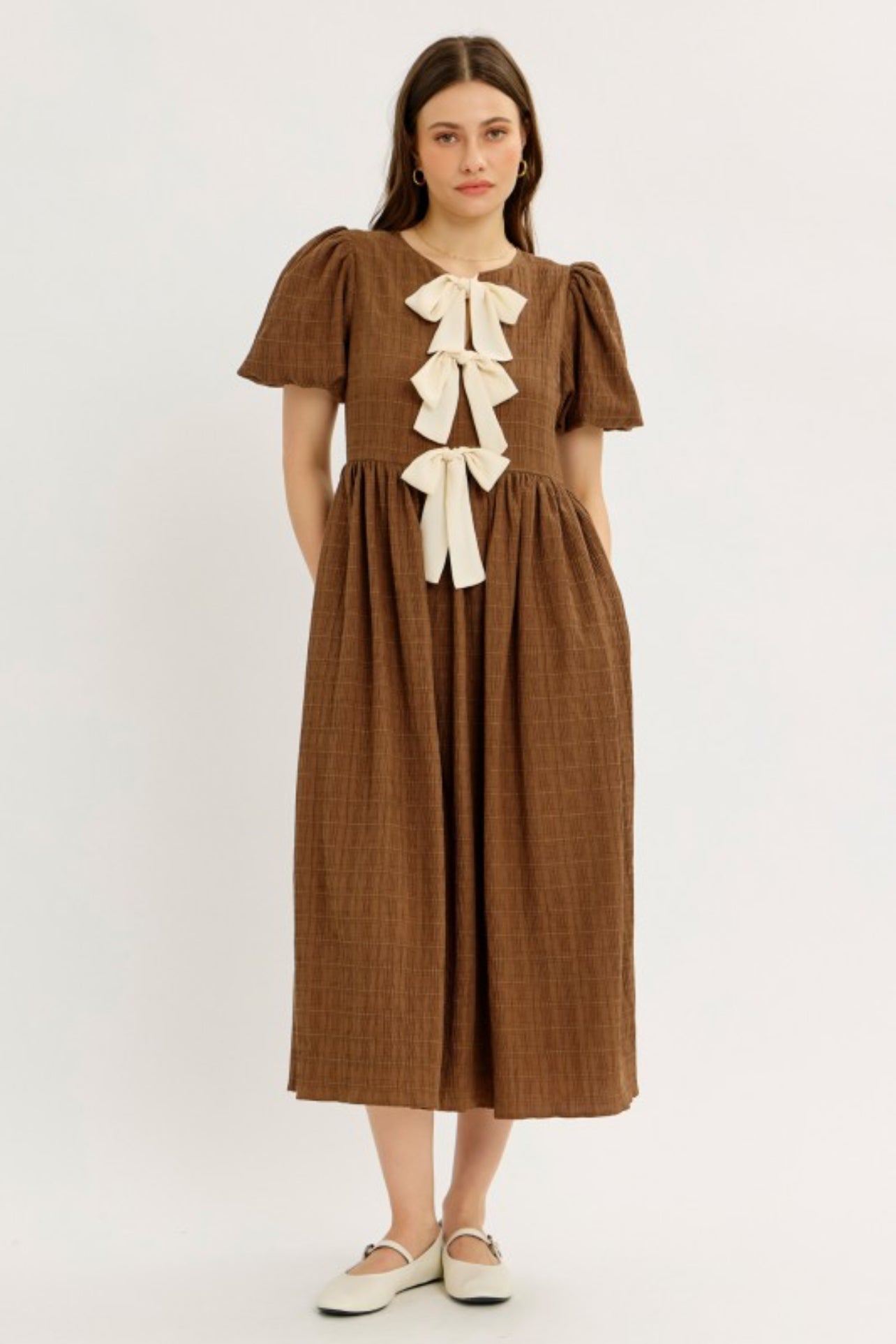 The Mina Bow Dress in Brown and Cream
