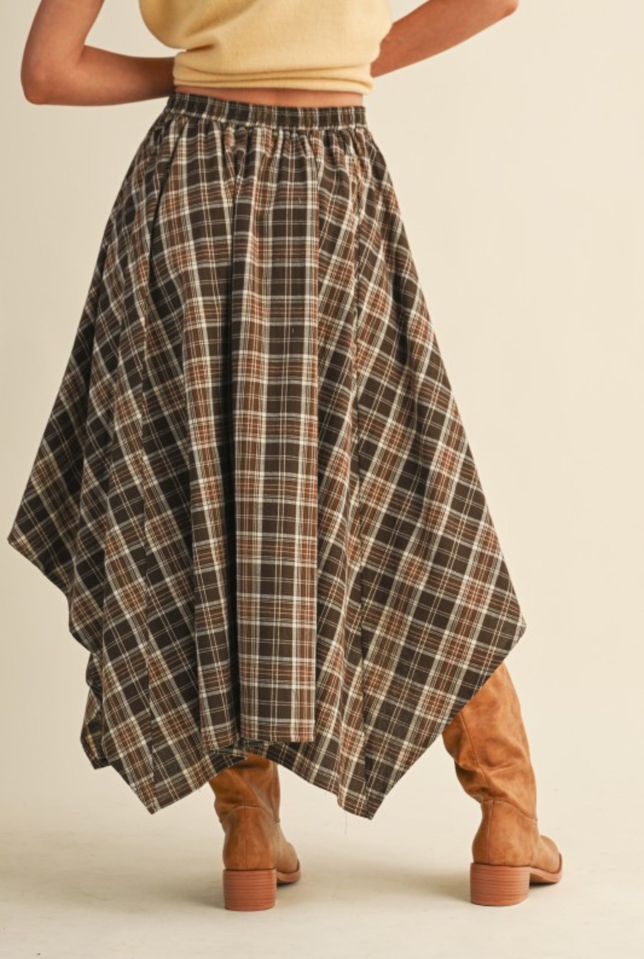 The Hena Plaid Midi Skirt in Chocolate Brown