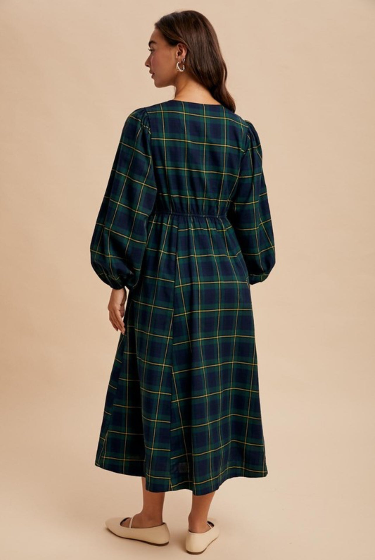 The Christy Plaid Dress with Bow Detail in Evergreen