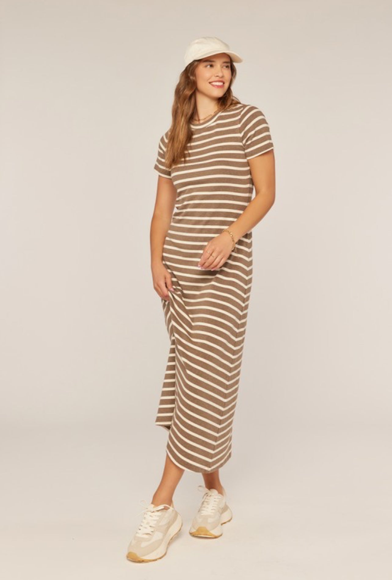 Sophia Striped Knit Midi Dress in Brown and Ivory