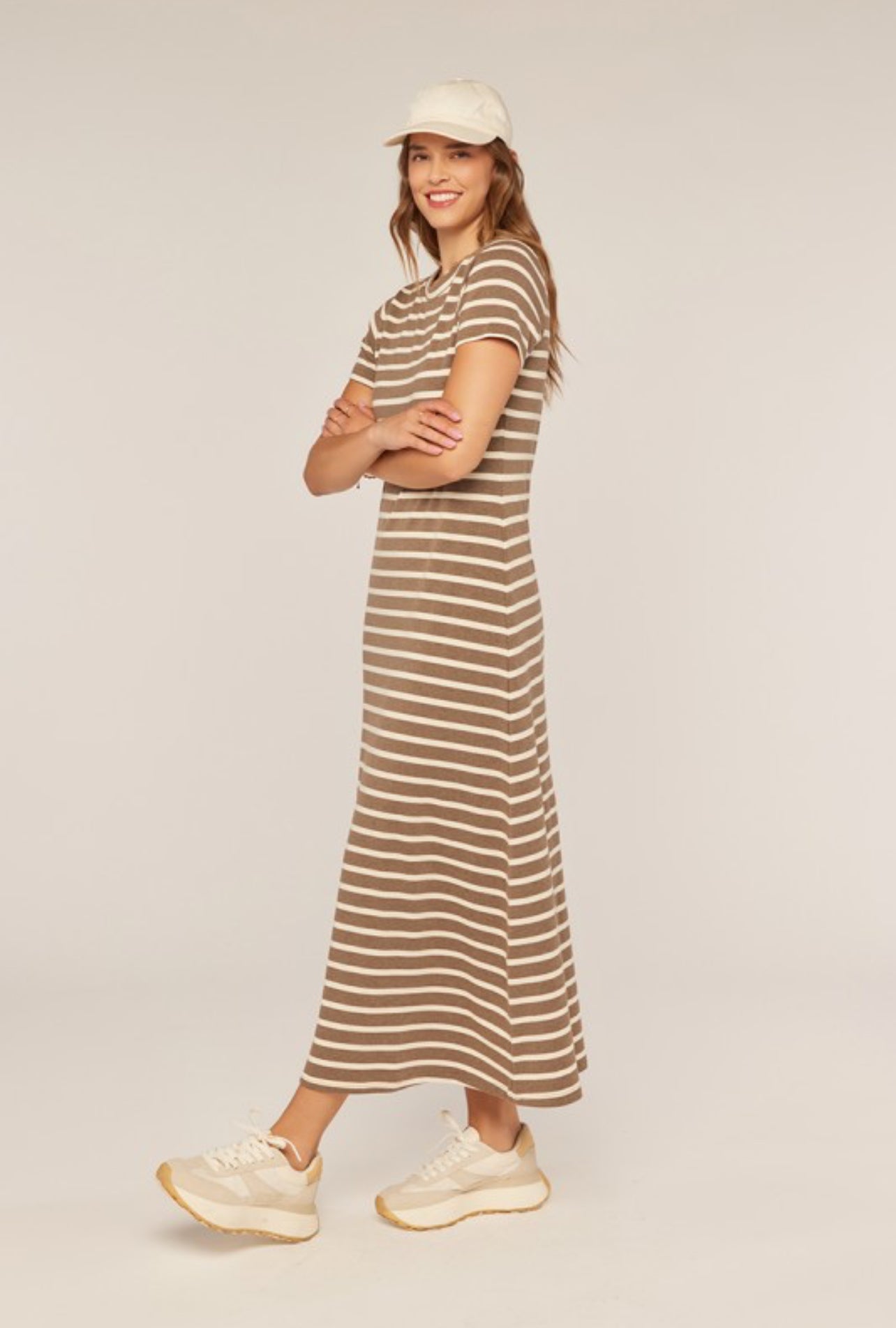 Sophia Striped Knit Midi Dress in Brown and Ivory