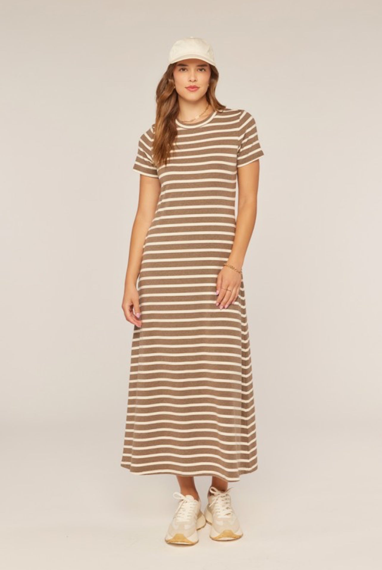 Sophia Striped Knit Midi Dress in Brown and Ivory
