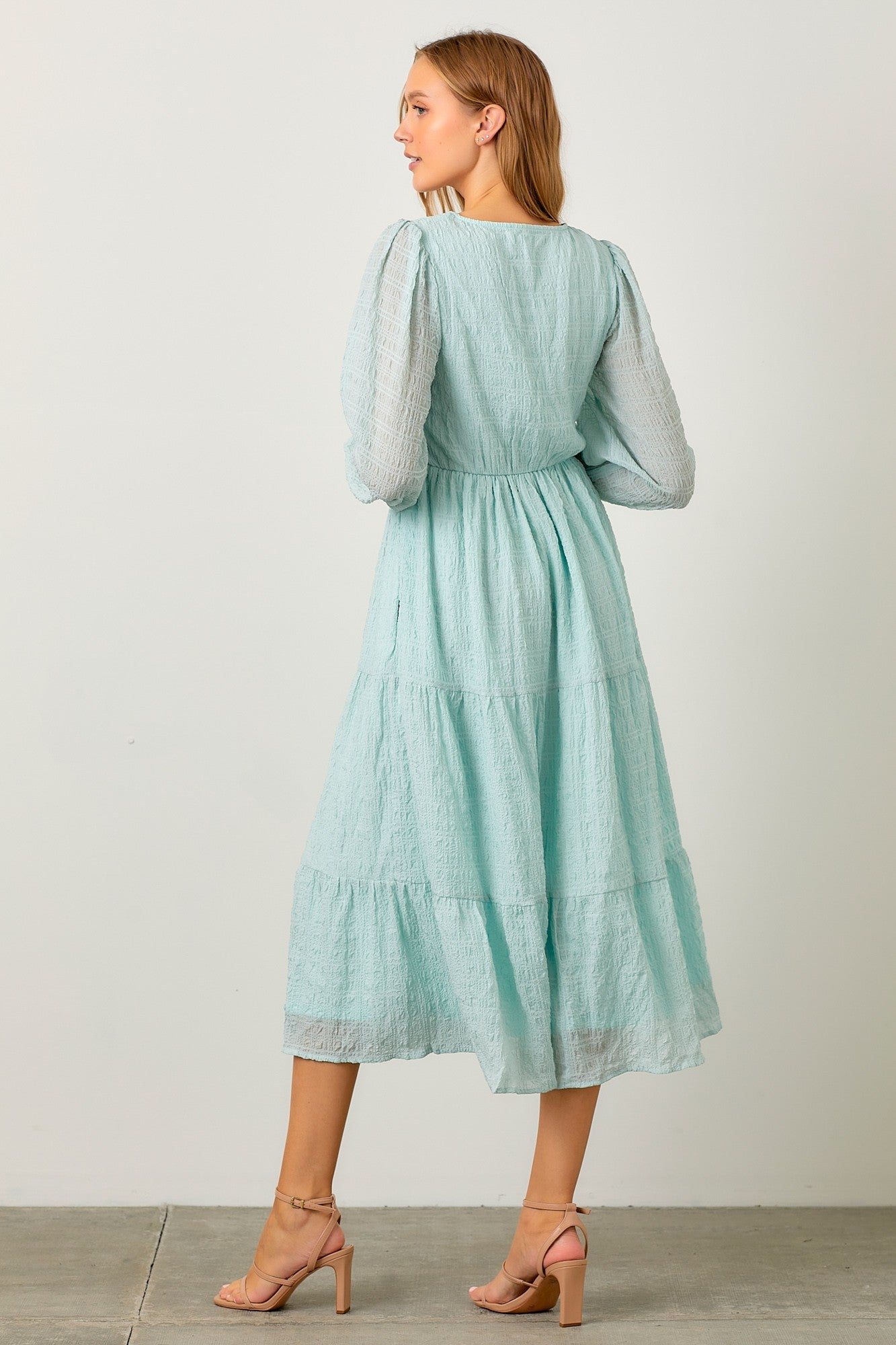 Blue Smocked Tiered Midi Dress