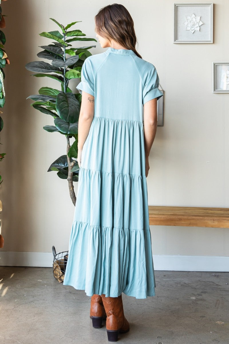 Mandarin Collar Tiered Rayon Maxi Dress Blue