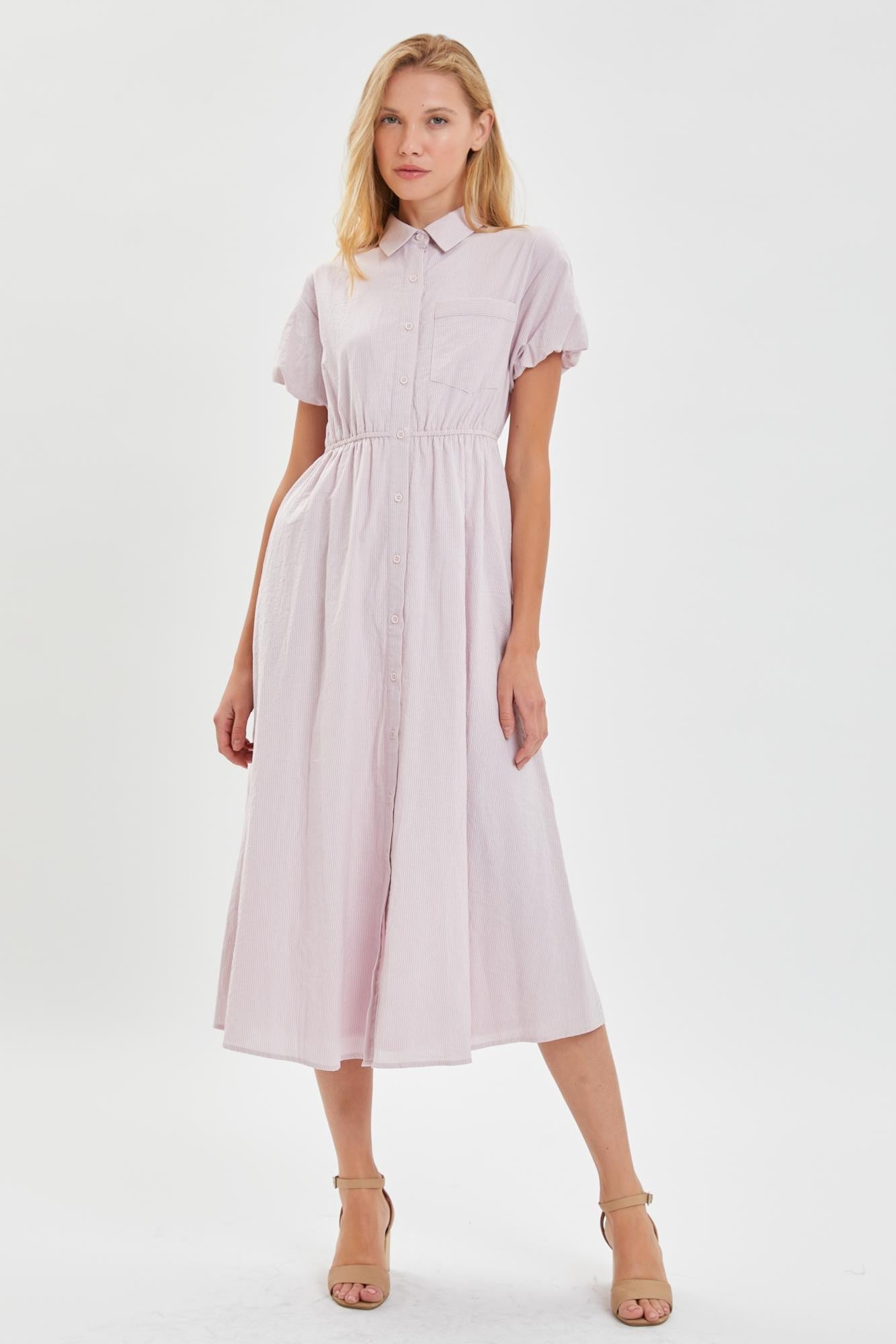 THIN STRIPE PUFF SLEEVE BUTTON DOWN DRESS-Blush Lavendar