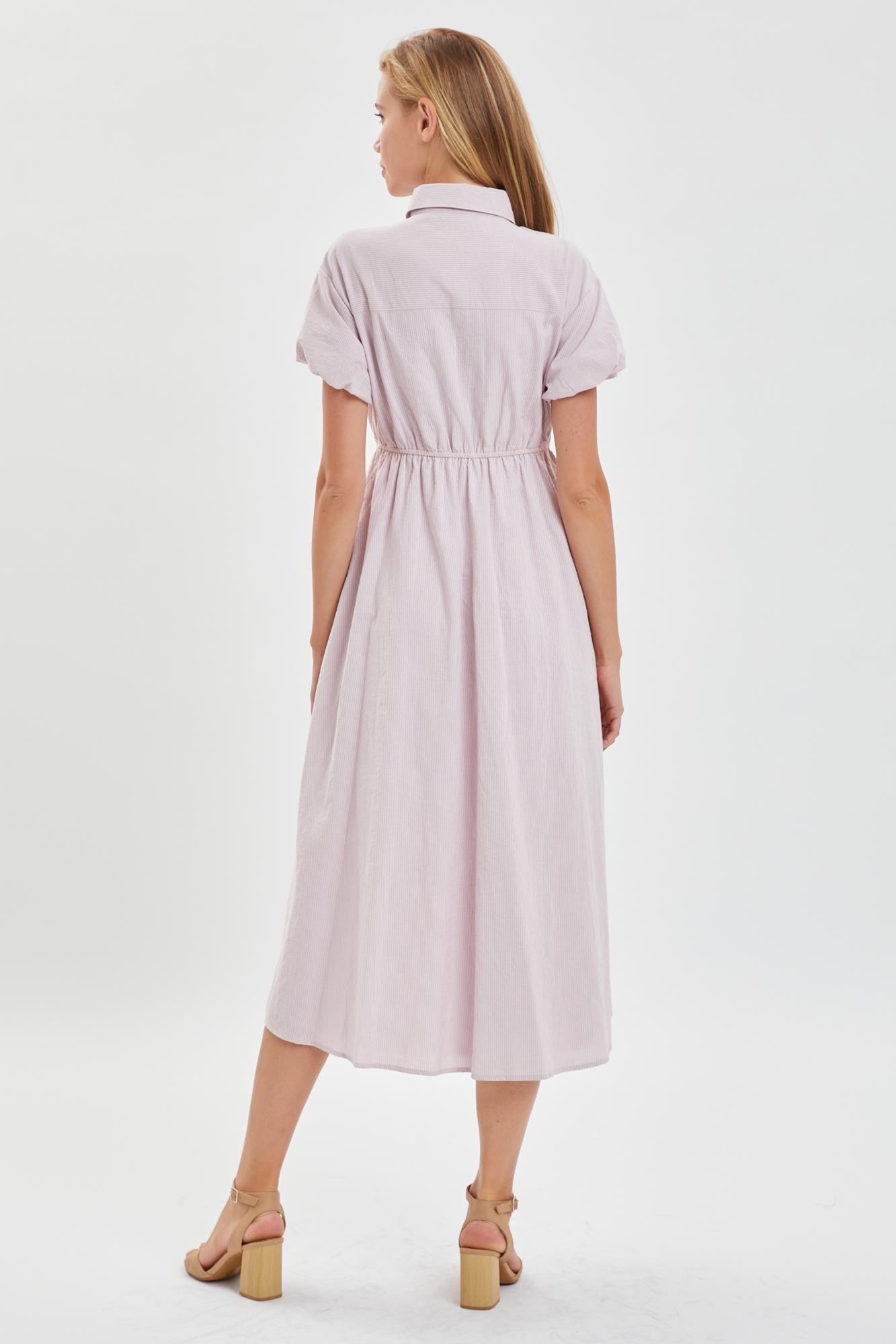 THIN STRIPE PUFF SLEEVE BUTTON DOWN DRESS-Blush Lavendar