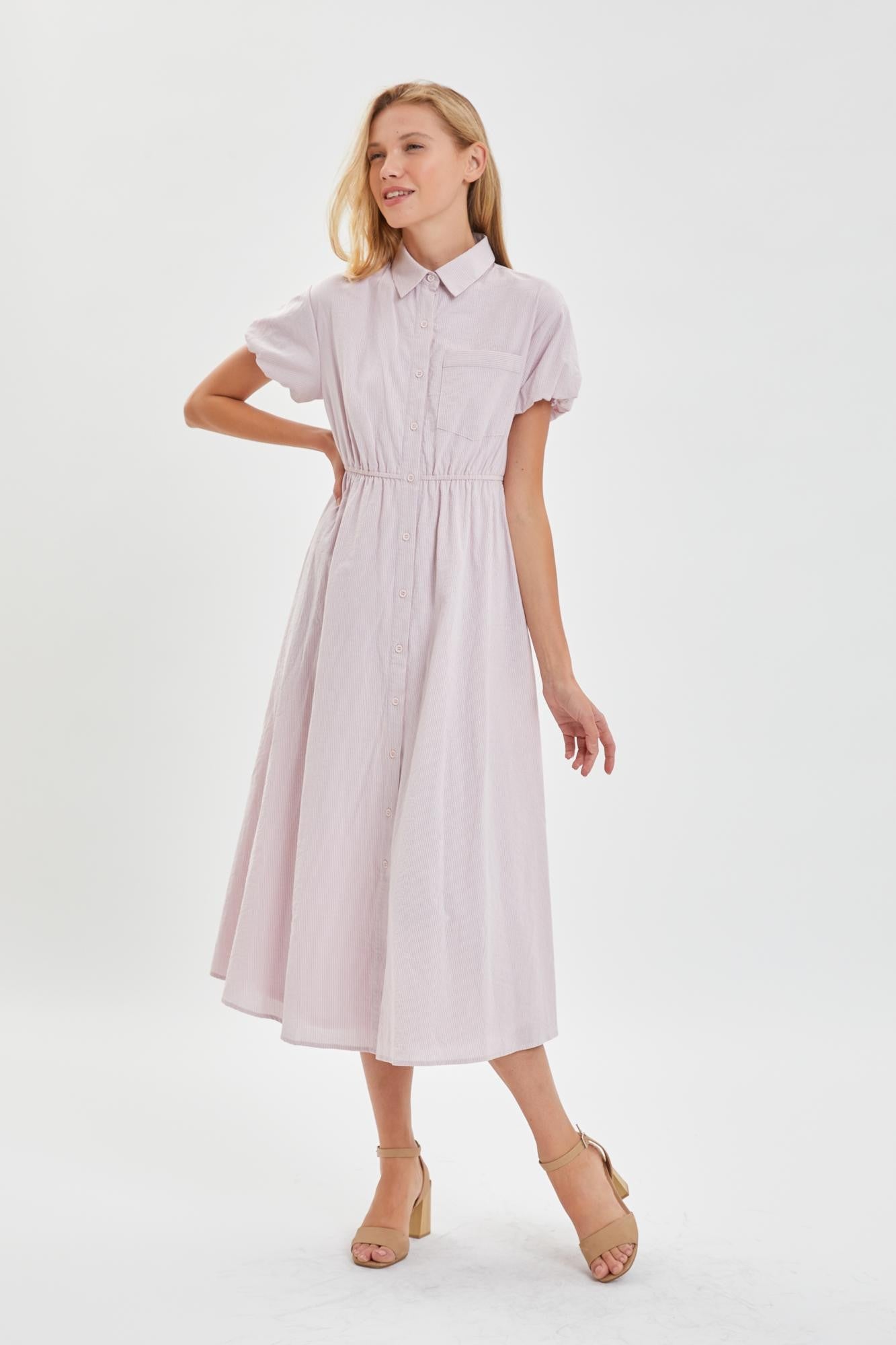 THIN STRIPE PUFF SLEEVE BUTTON DOWN DRESS-Blush Lavendar