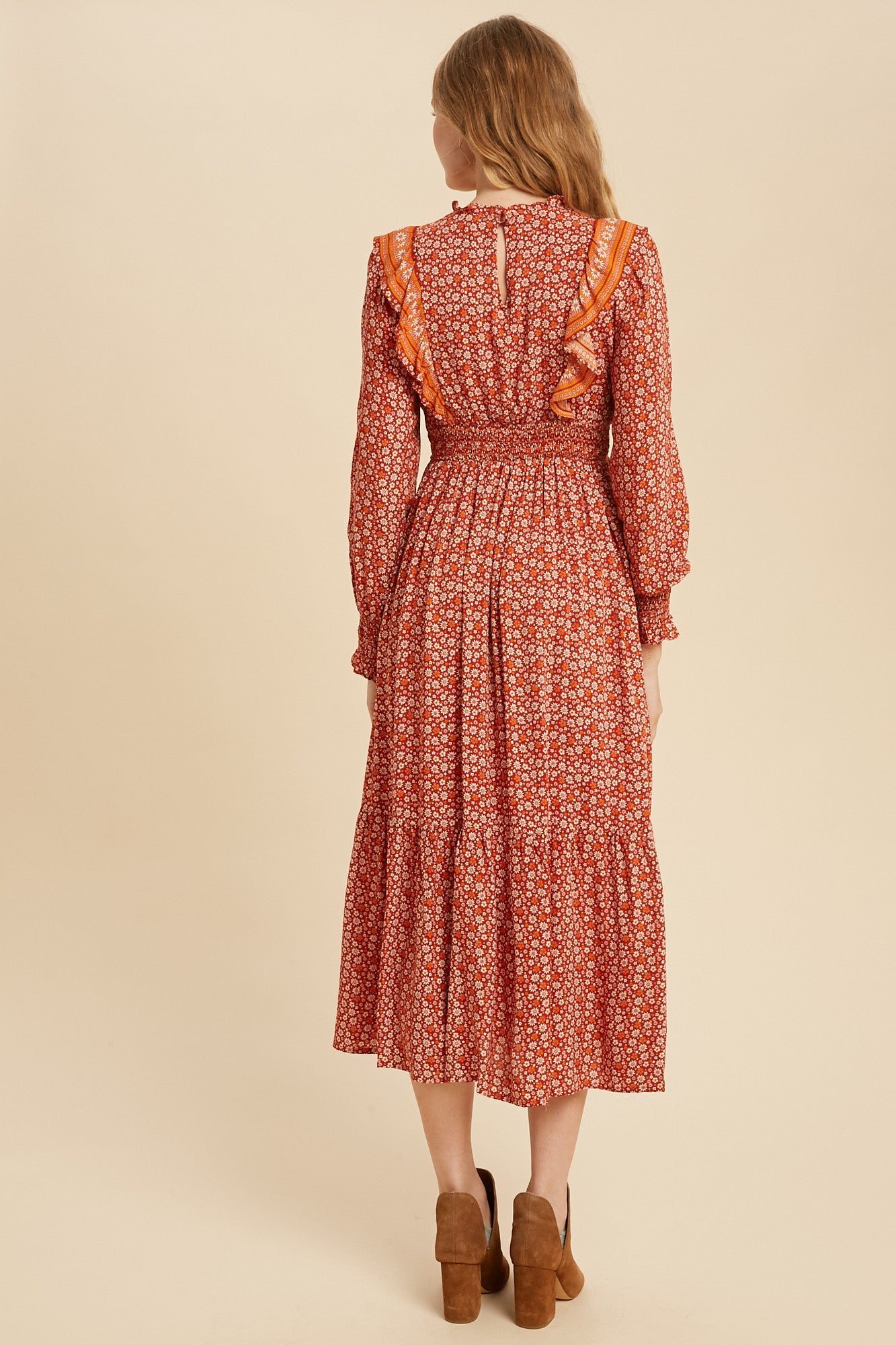 BOHO FLORAL PRINT RUFFLE MIDI