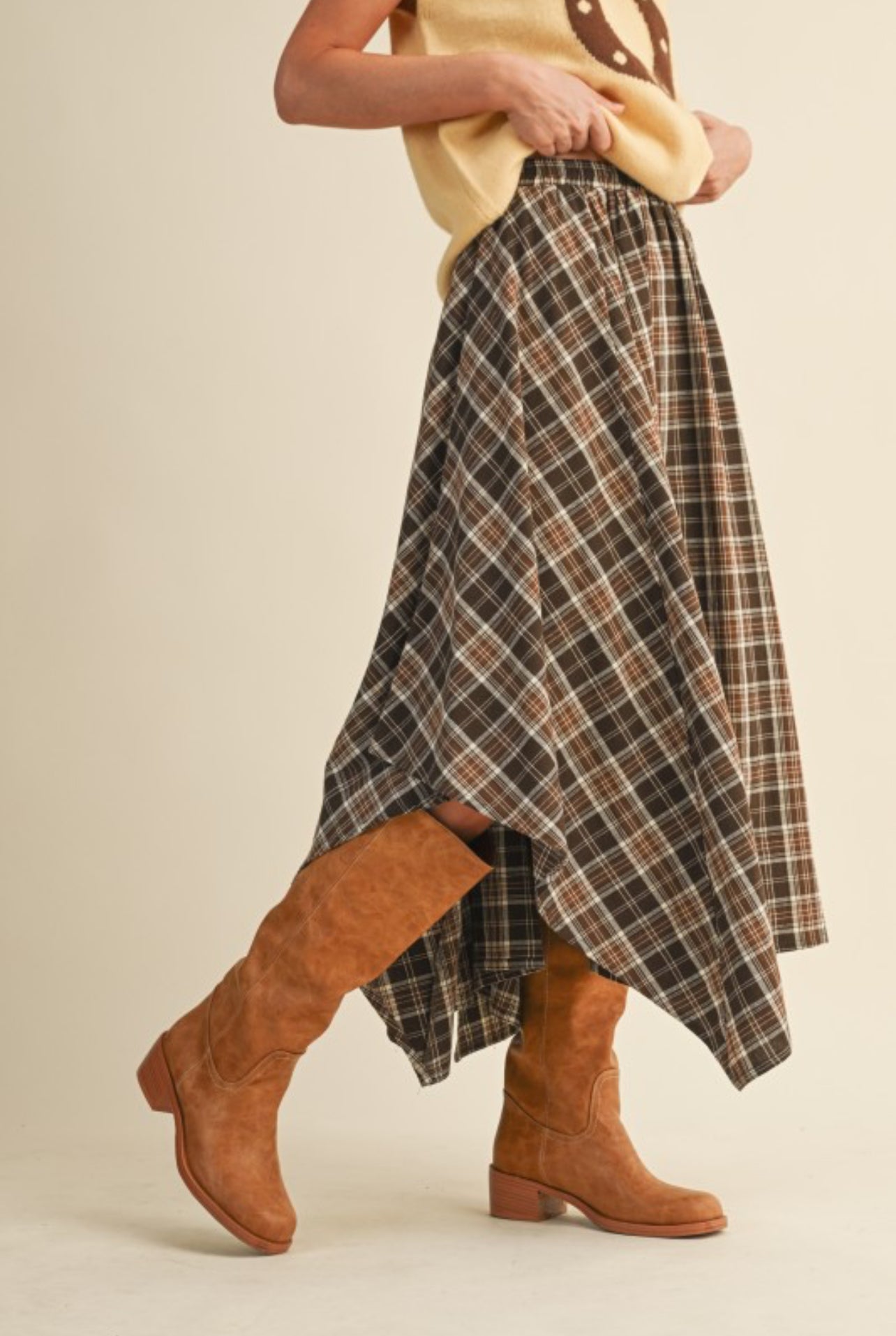 The Hena Plaid Midi Skirt in Chocolate Brown