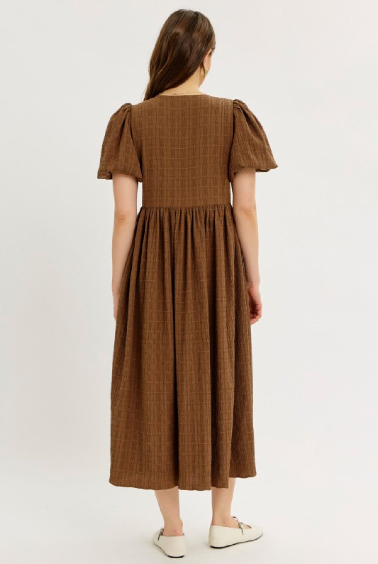 The Mina Bow Dress in Brown and Cream