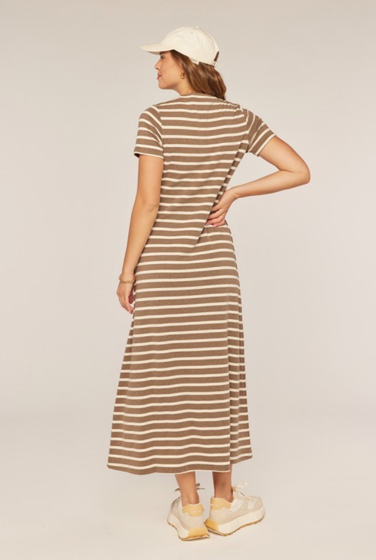 Sophia Striped Knit Midi Dress in Brown and Ivory