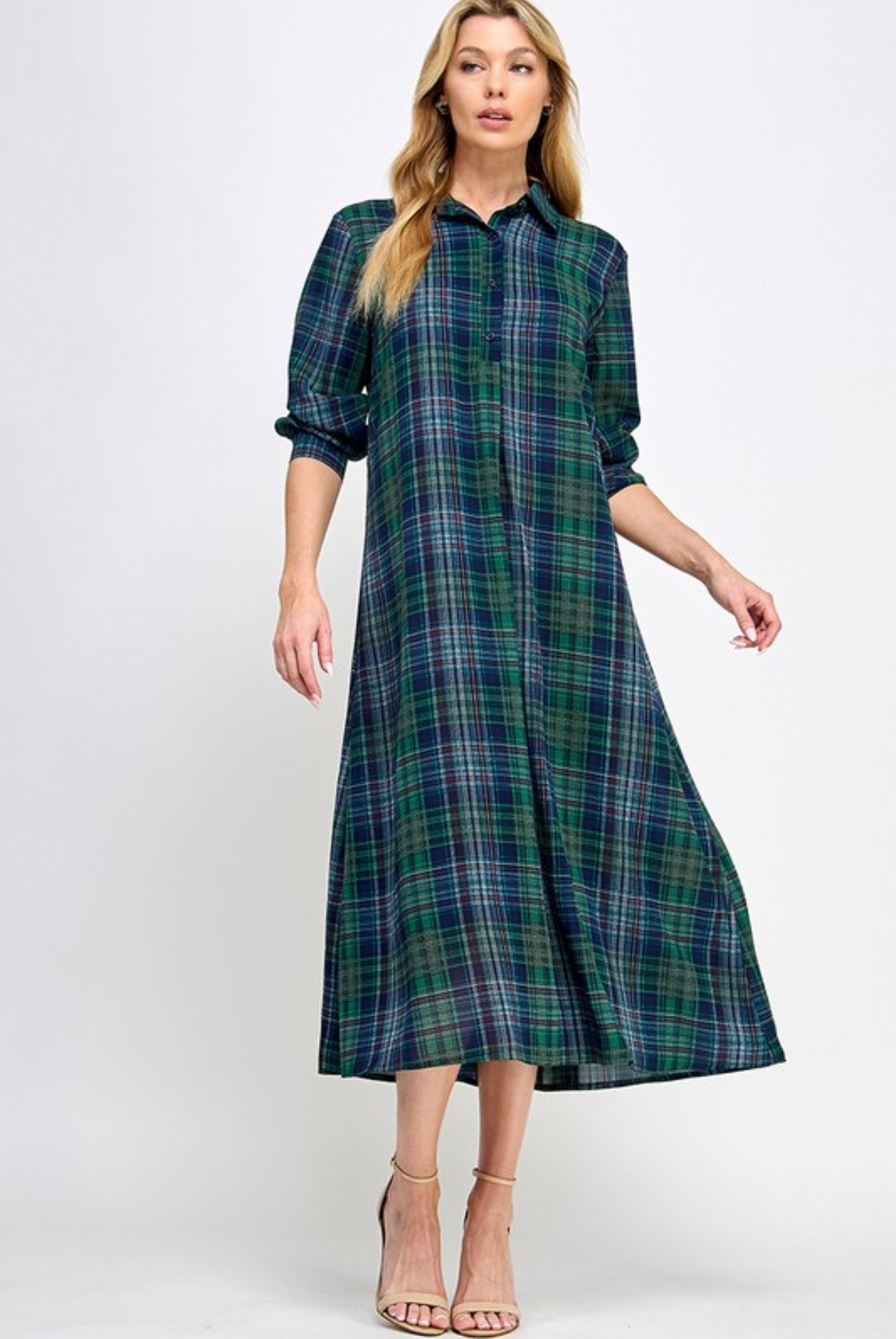 Evelyn Plaid Shirt Dress in Green