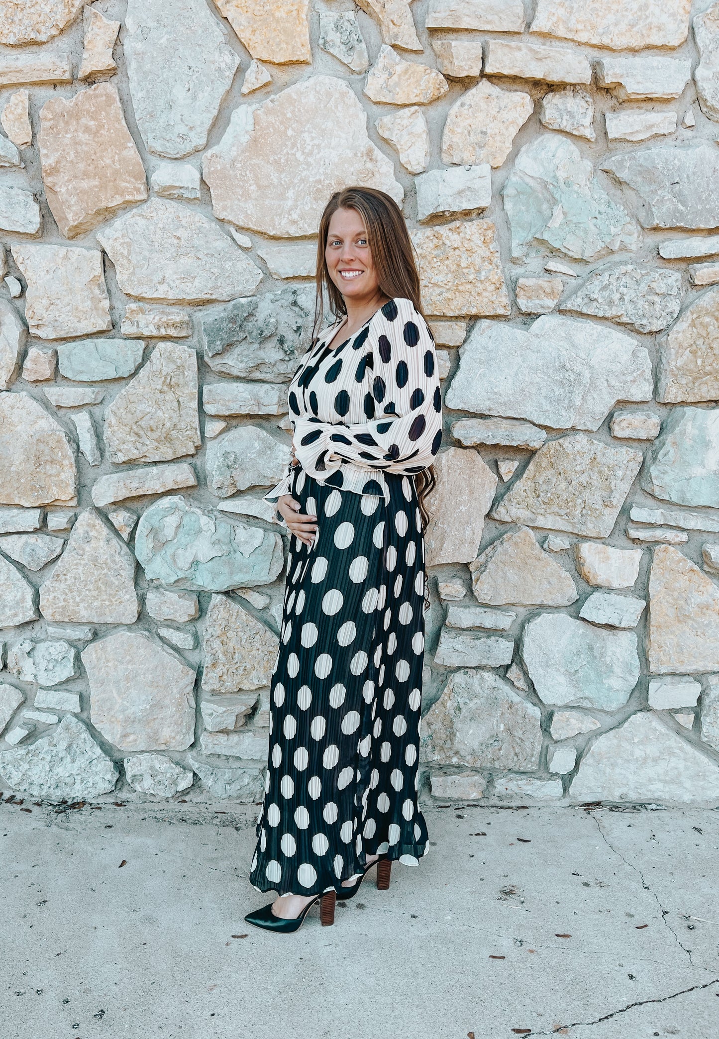 Polka Dot Ruffled Long Sleeve Pleated Maxi Dress