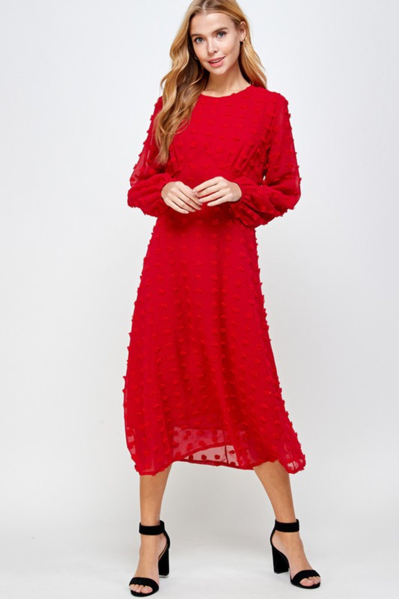 Jeri Embossed Bishop Sleeve Dress in Red