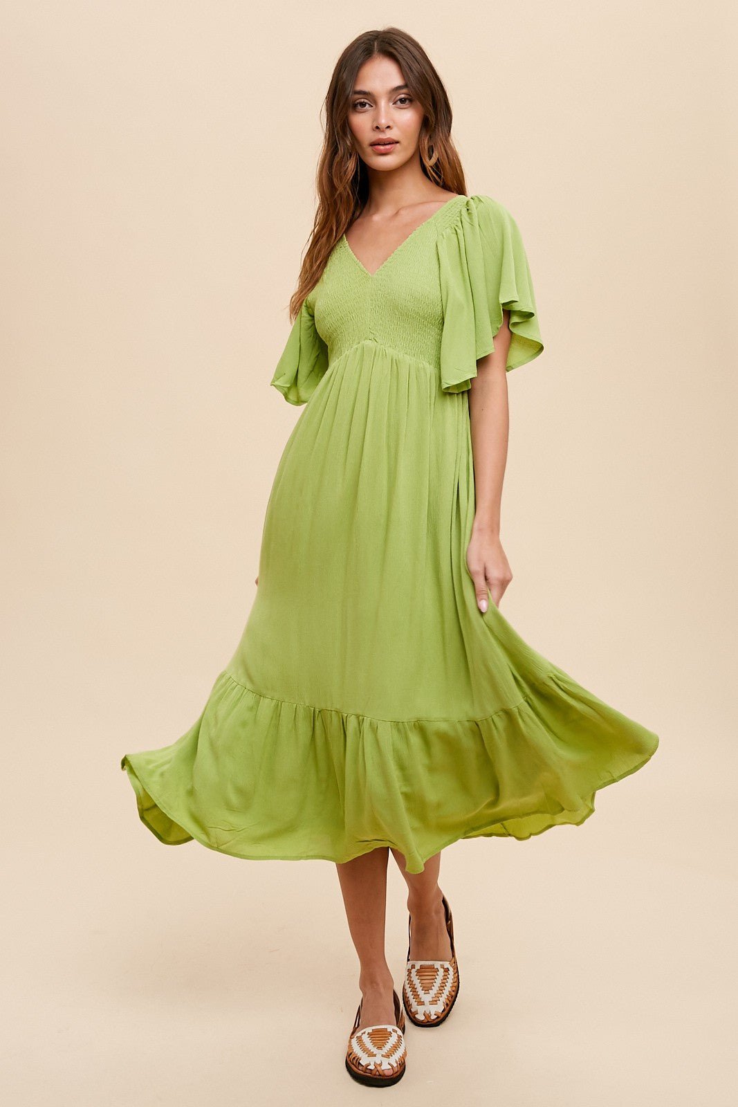 FLUTTER SLEEVE SMOCKED MIDI DRESS