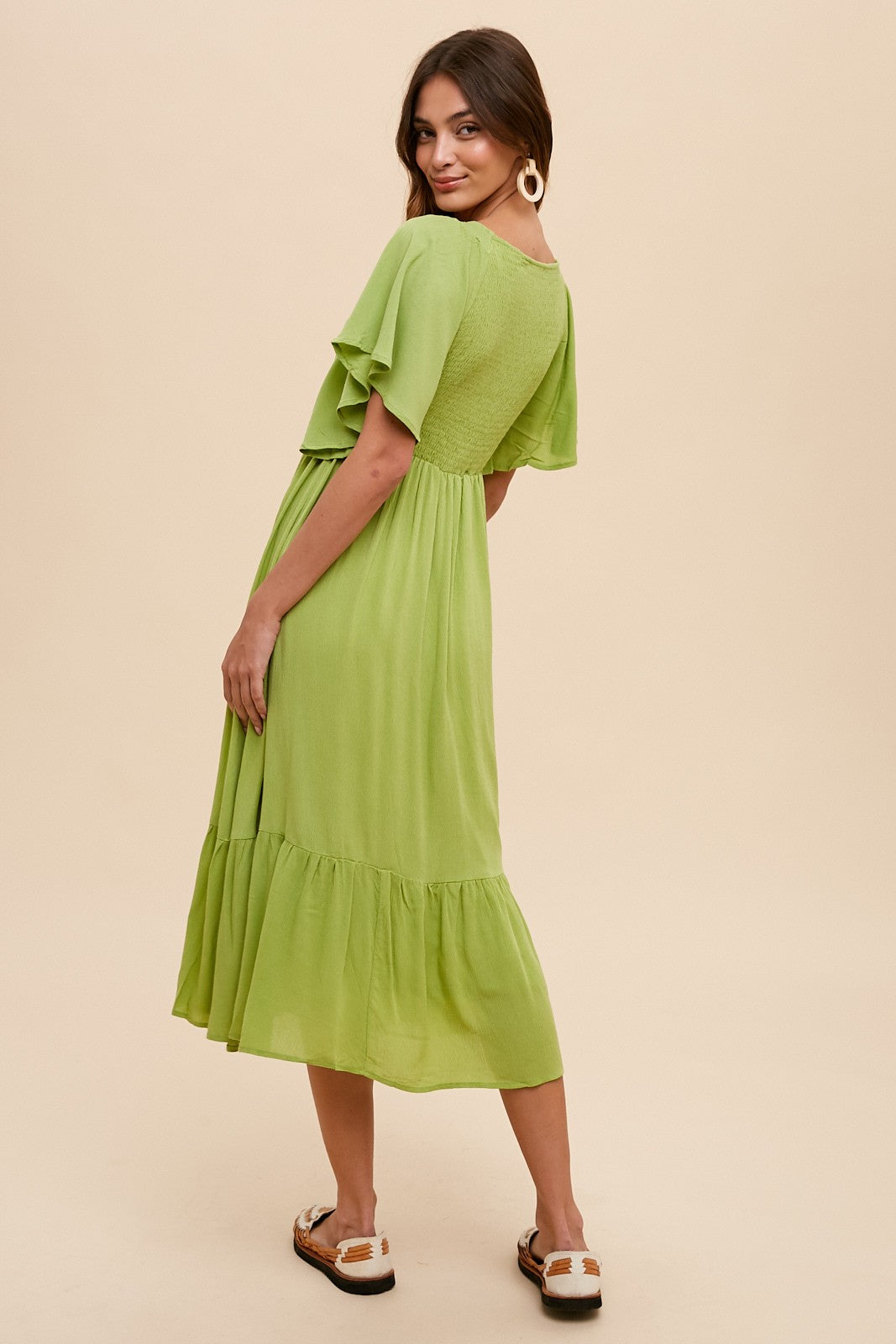 FLUTTER SLEEVE SMOCKED MIDI DRESS