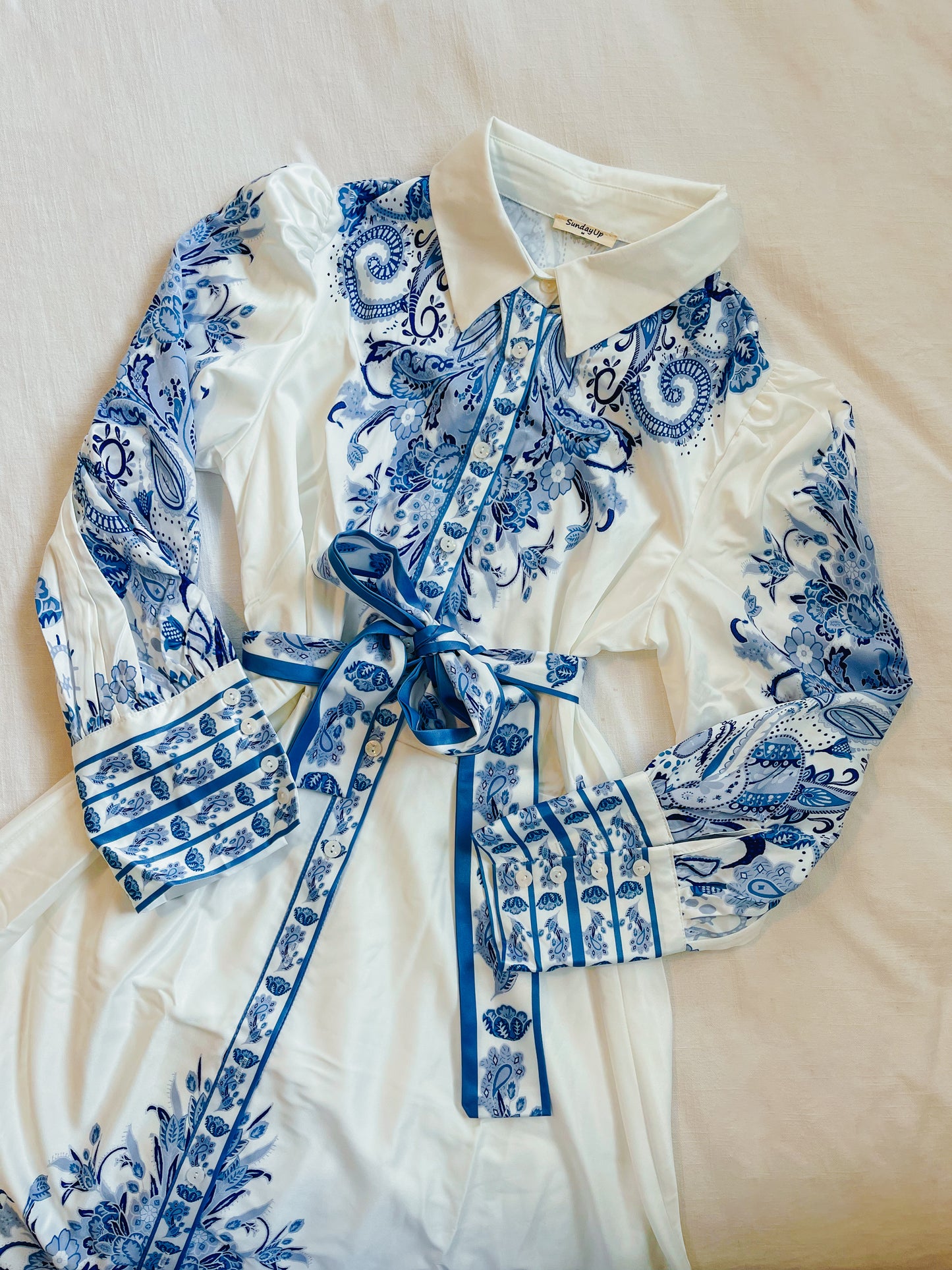 Blue Paisley Long Sleeve Belted Dress