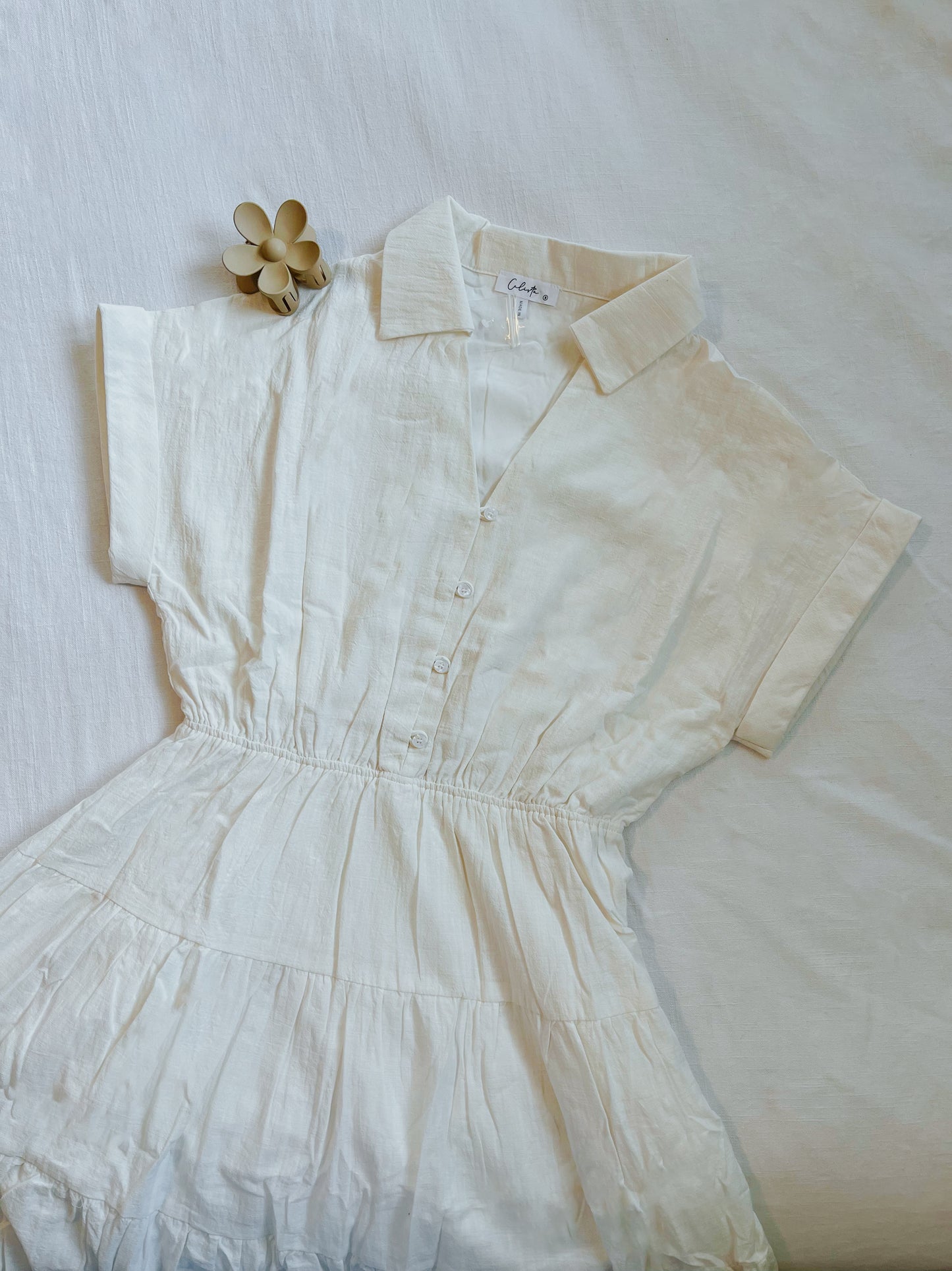 Off White Collar V Neck Cuffed Sleeve Tiered Midi