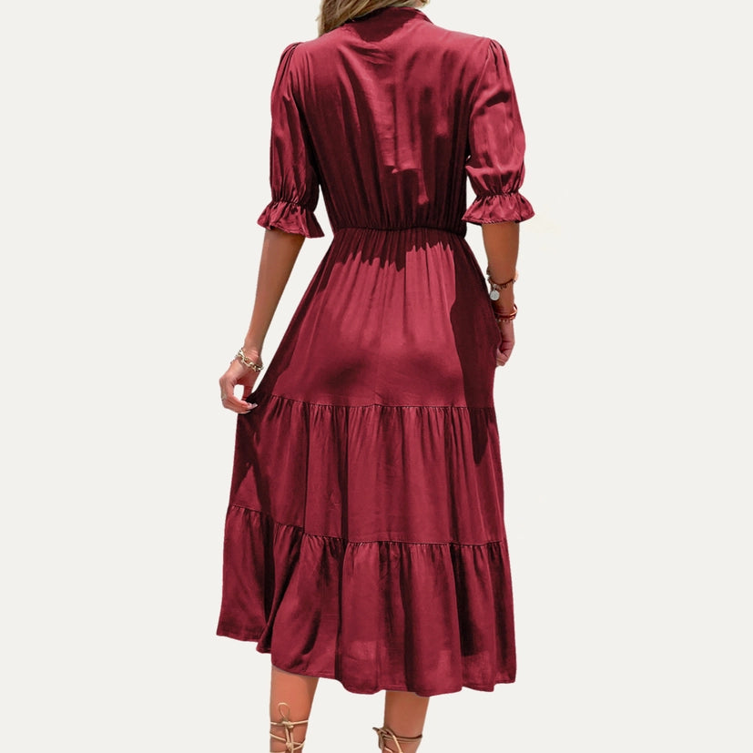 Solid Tie-Neck Maroon Short Sleeve Tiered Maxi Dress