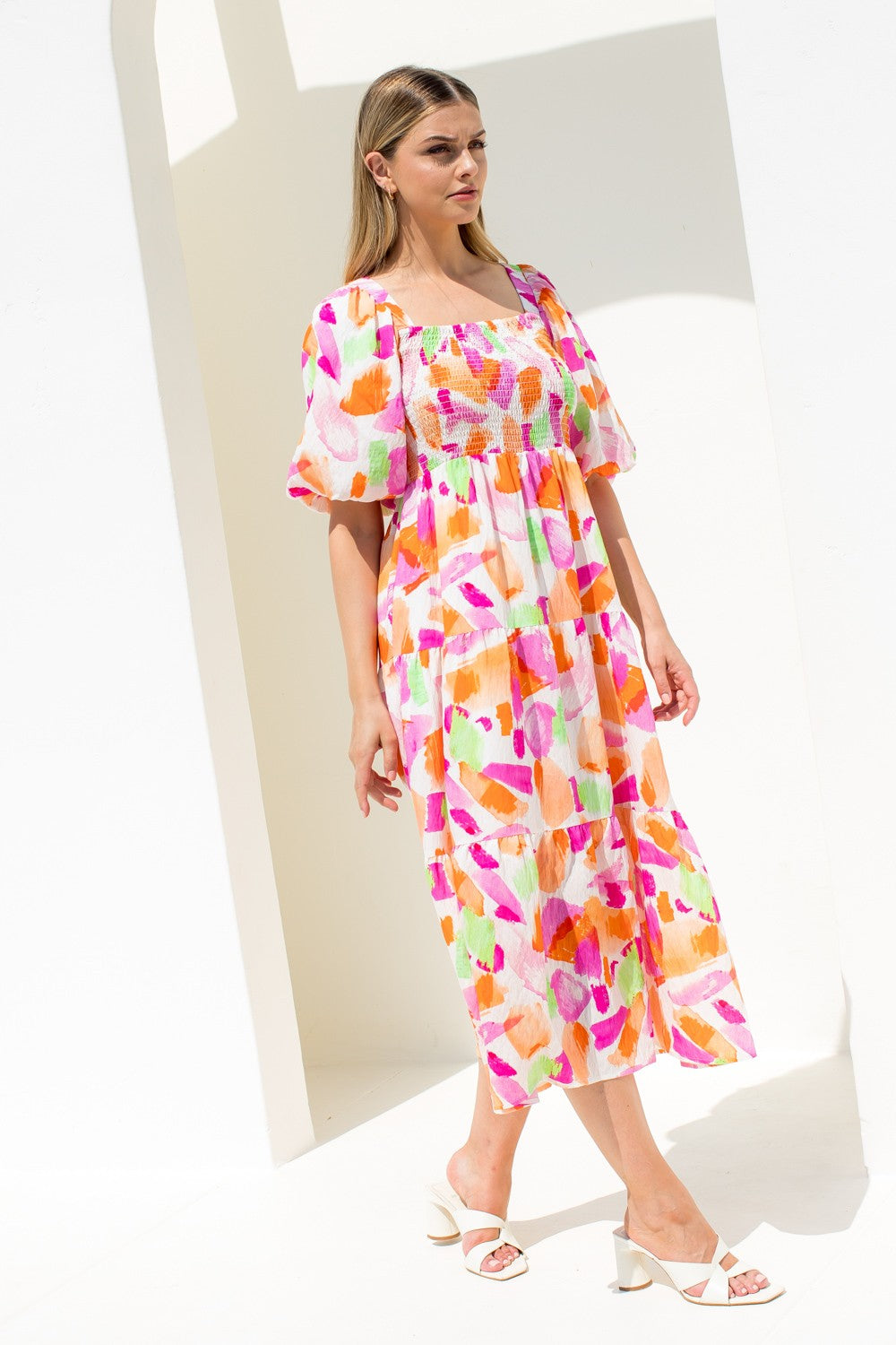 Puff Sleeve Multi Color Print Dress
