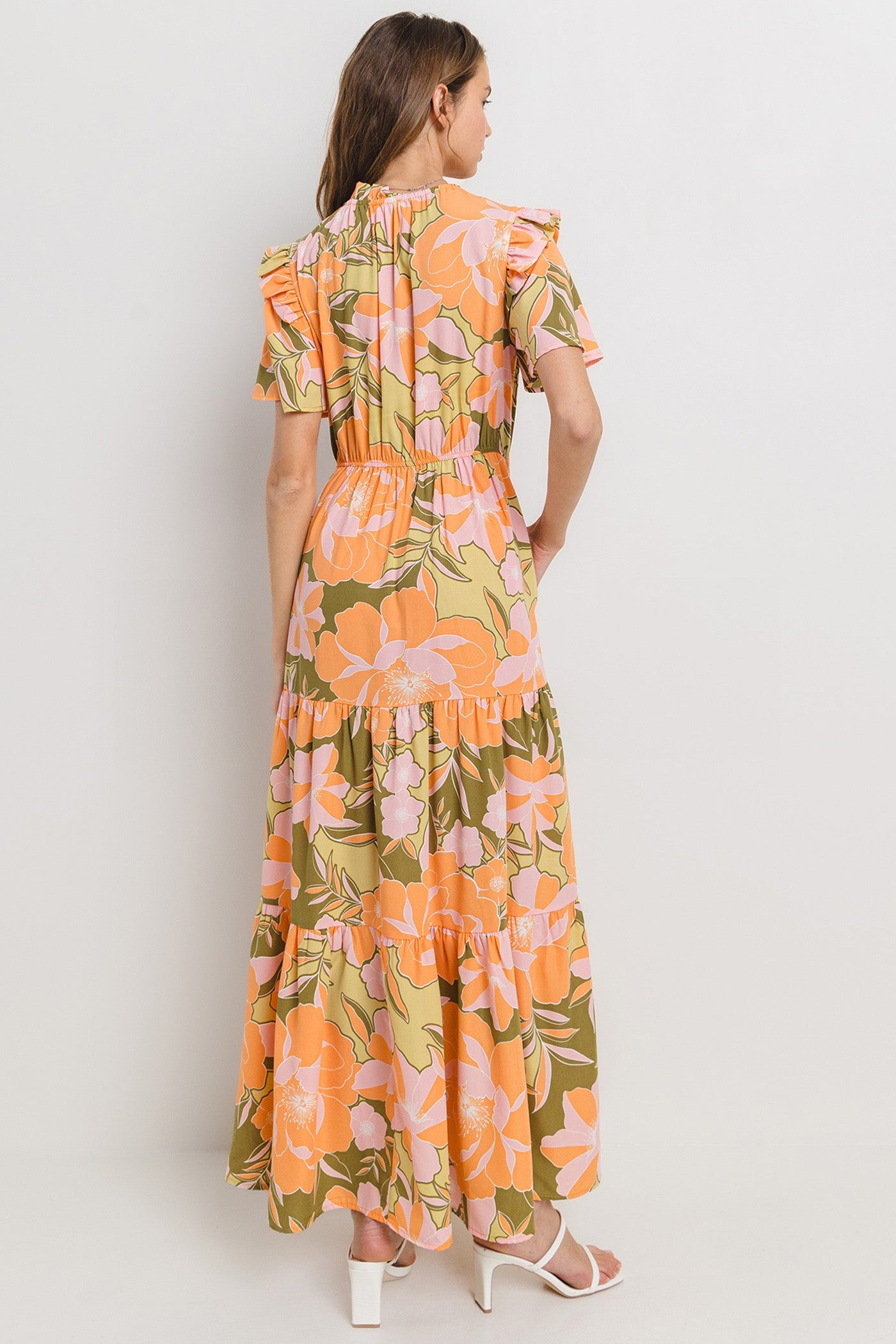 Peach Floral Printed Ruffle Dress