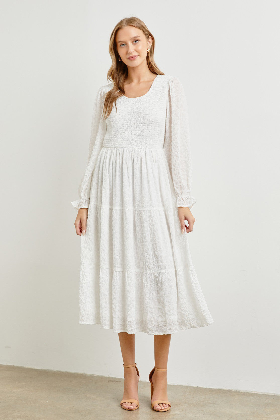 White Smocked Tiered Midi Dress – Broadway Modest Co White Smocked Tiered Midi Dress – Broadway Modest Co