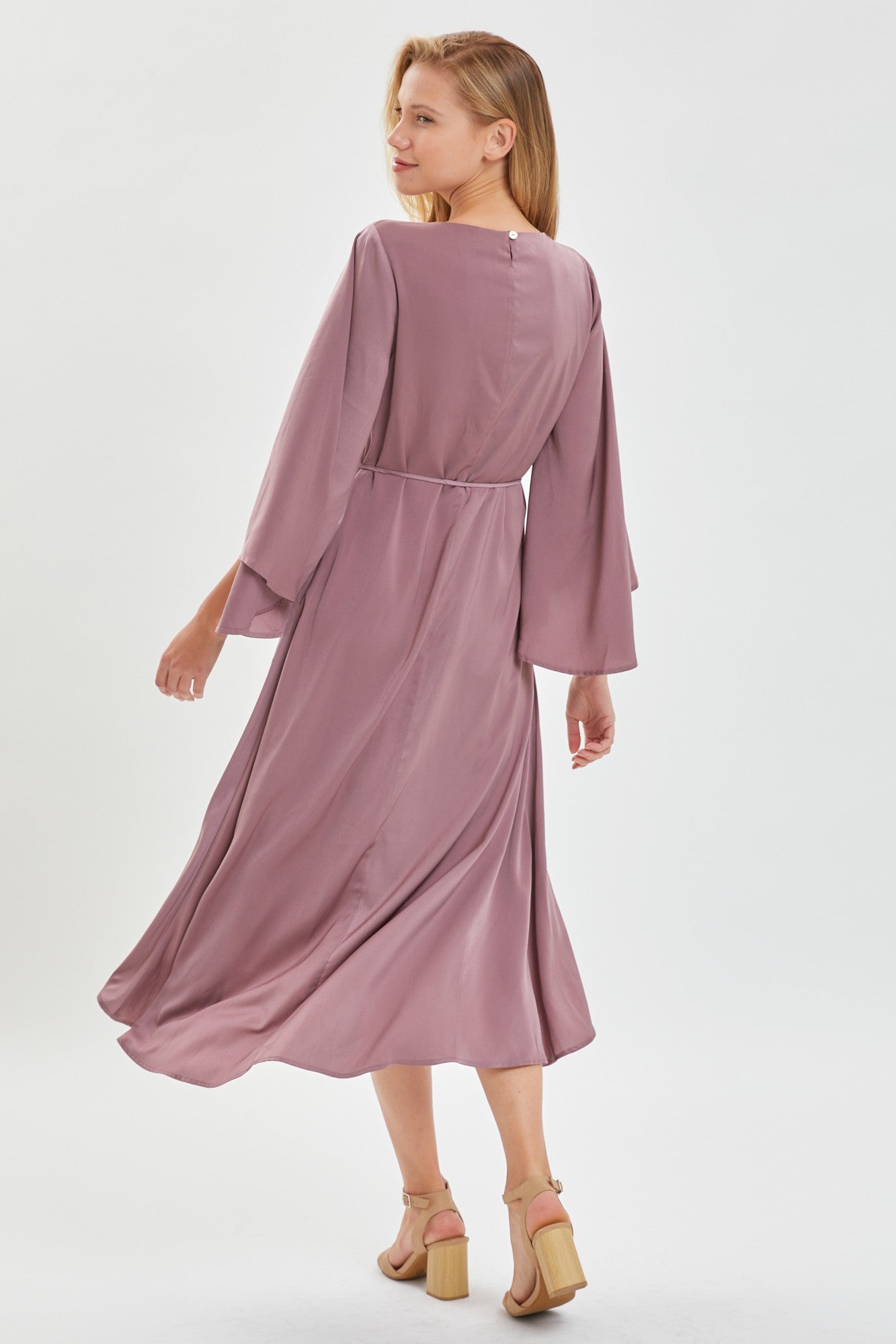 FLARED SLEEVE SATIN DRESS- Mauve