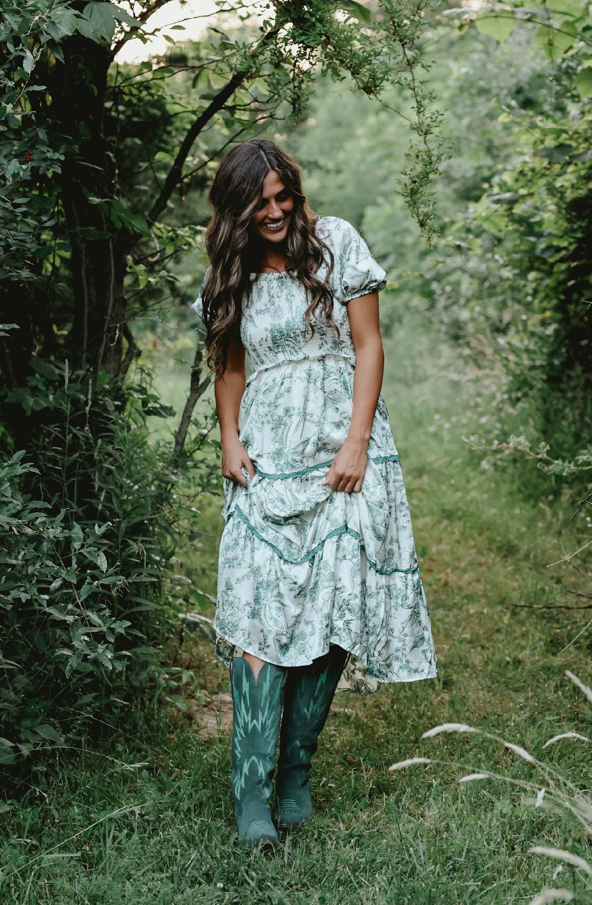 Green and White Floral Midi