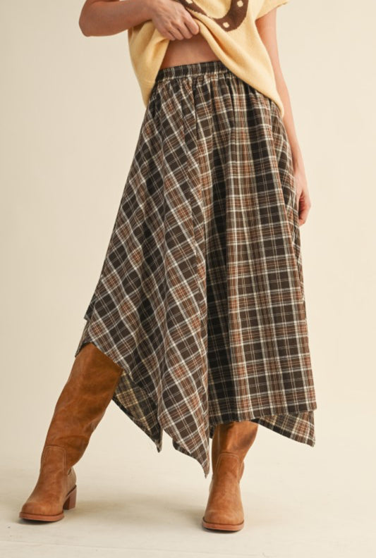 The Hena Plaid Midi Skirt in Chocolate Brown