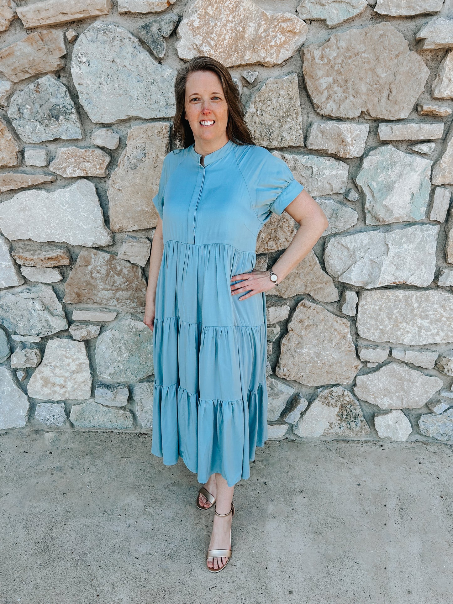 Mandarin Collar Tiered Rayon Maxi Dress Blue Broadway Modest Co. Mandarin Collar Tiered Rayon Maxi Dress Blue Broadway Modest Co.