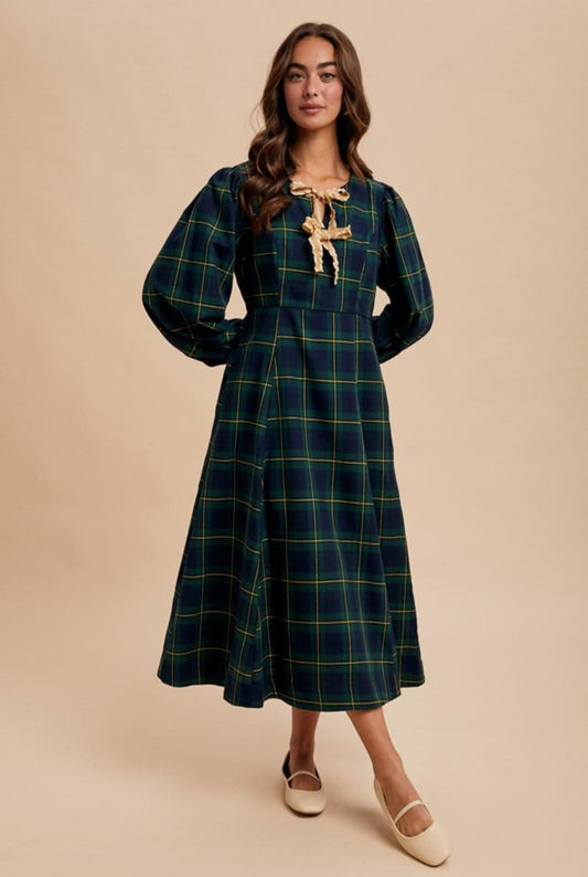 The Christy Plaid Dress with Bow Detail in Evergreen