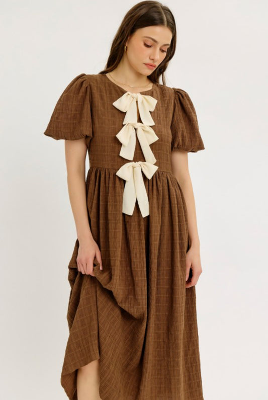 The Mina Bow Dress in Brown and Cream