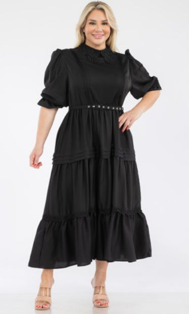 Millie Midi Dress with Lace Collar in Black