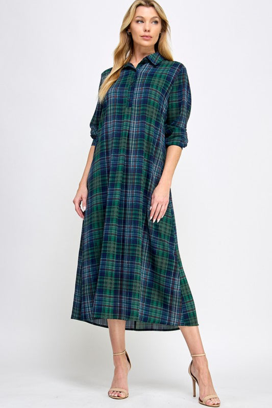 Evelyn Plaid Shirt Dress in Green