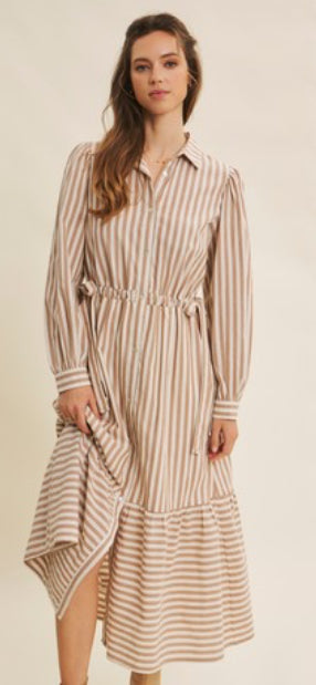 Rachel Bow Detail Shirt Dress in Mocha Stripes