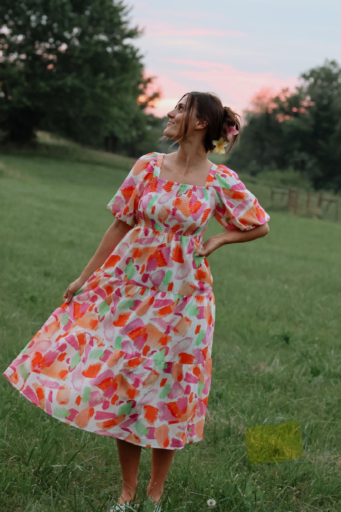 Puff Sleeve Multi Color Print Dress
