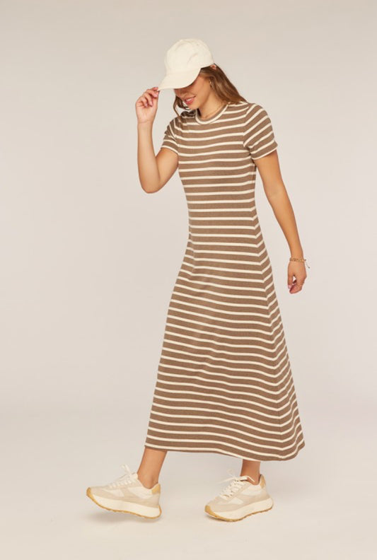 Sophia Striped Knit Midi Dress in Brown and Ivory