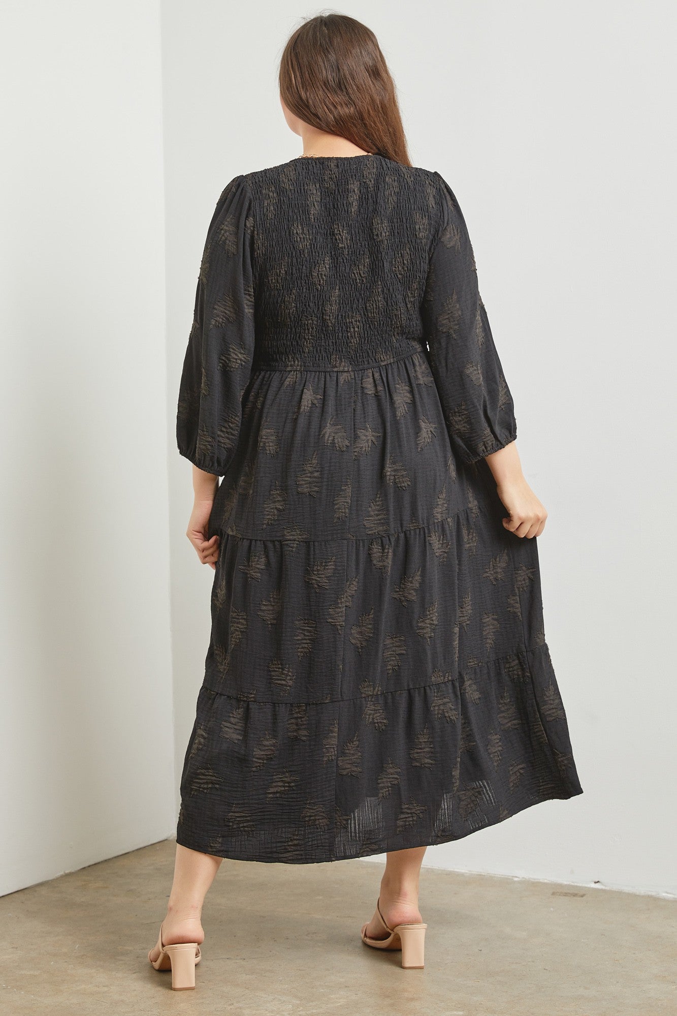 Black Woven Textured Leaf Maxi Dress Plus