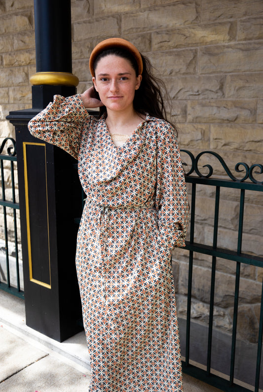 Printed Poly Long Sleeve Cowl Neck Dress
