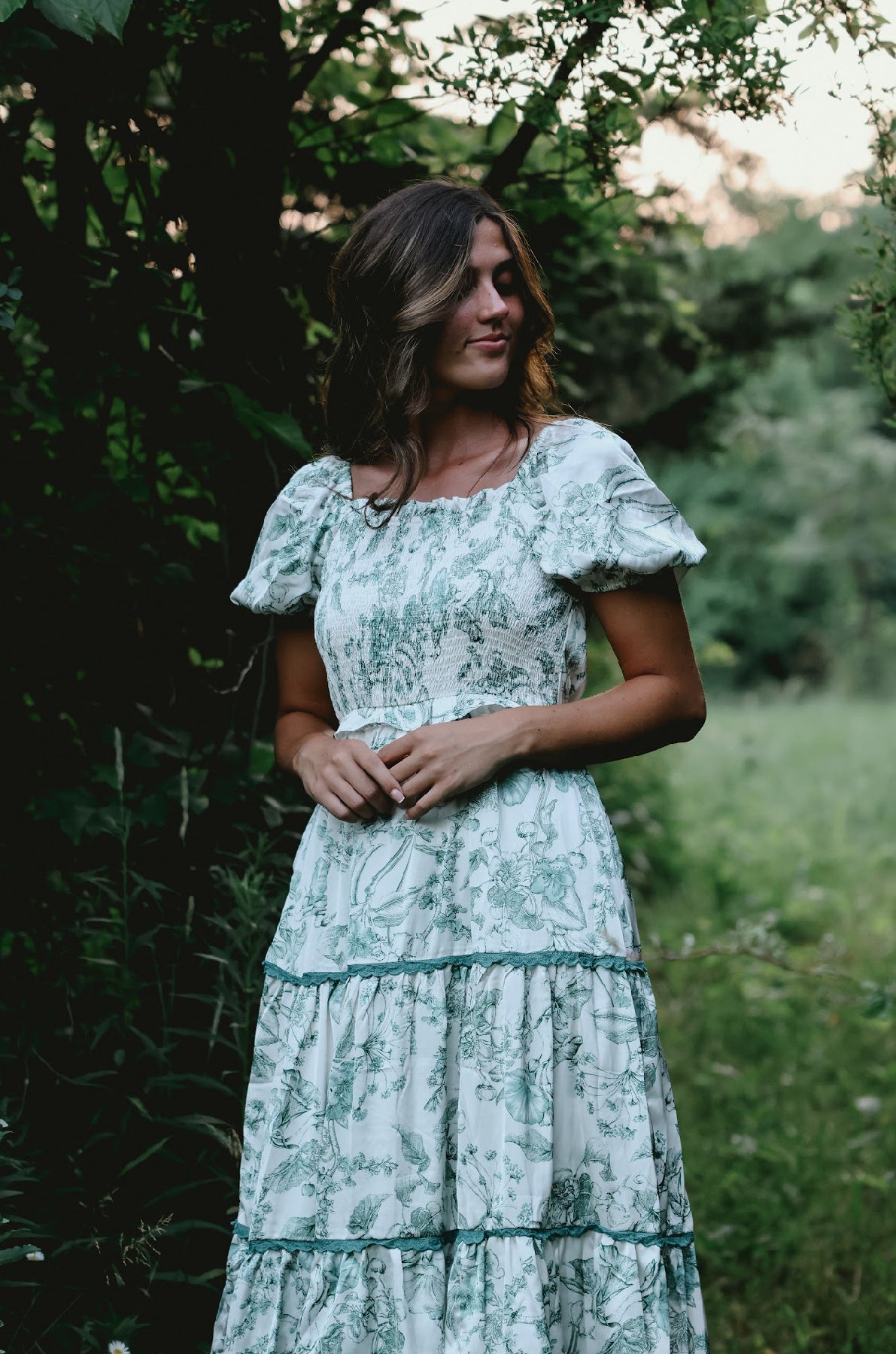 Green and White Floral Midi