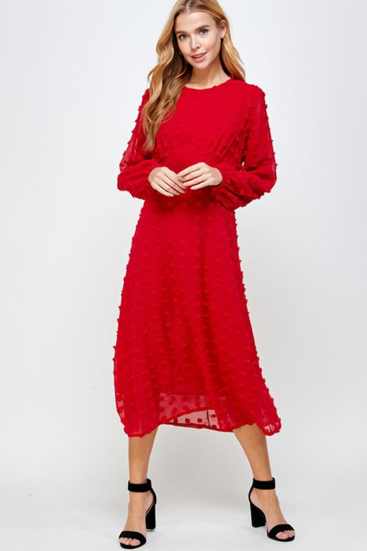 Jeri Embossed Bishop Sleeve Dress in Red