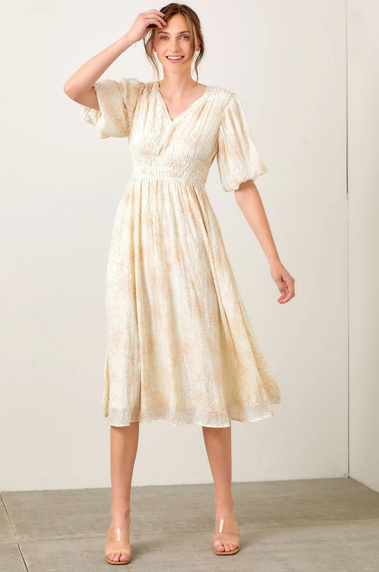 Ivory/Taupe Floral Print Crinkle Midi Dress