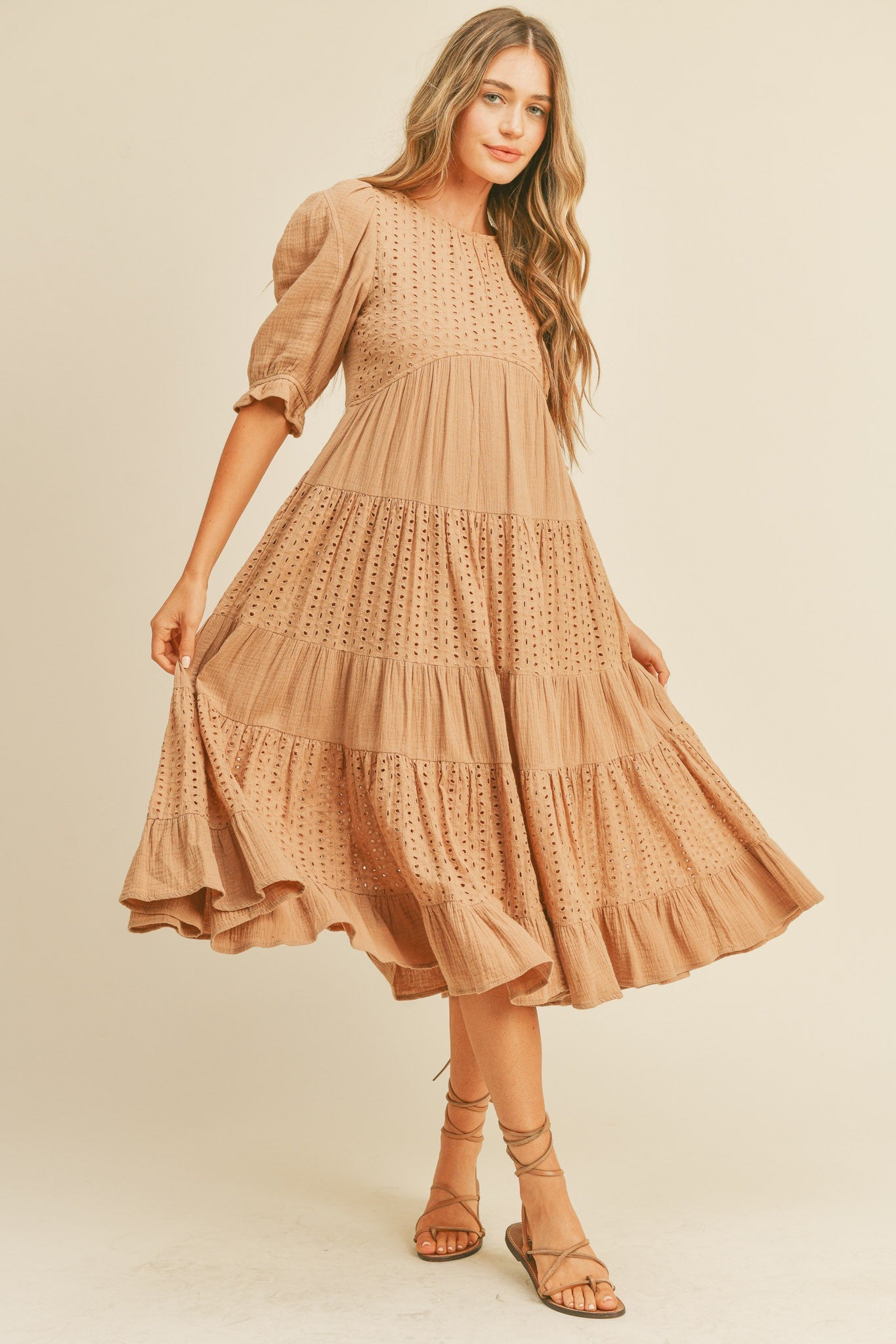Latte Contrast Eyelet Lace Maxi Tiered Dress
